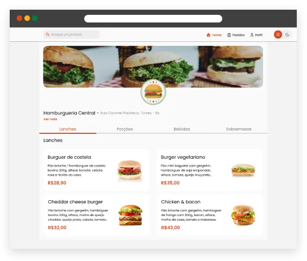 Catálogo Online — Página para pedidos de produtos via delivery, retirada e consumo no local.
